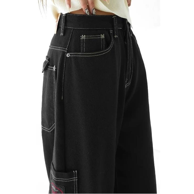 チャック付きポケット付きワイドデニムパンツ[品番：NTRW0008938