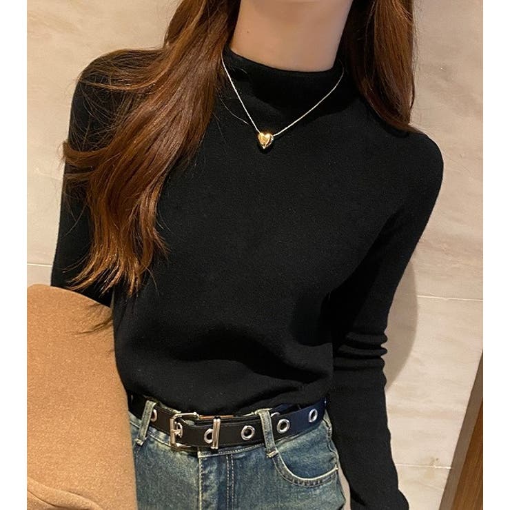 ブラック | ハーフネック無地長袖ニットトップス | Ulysses