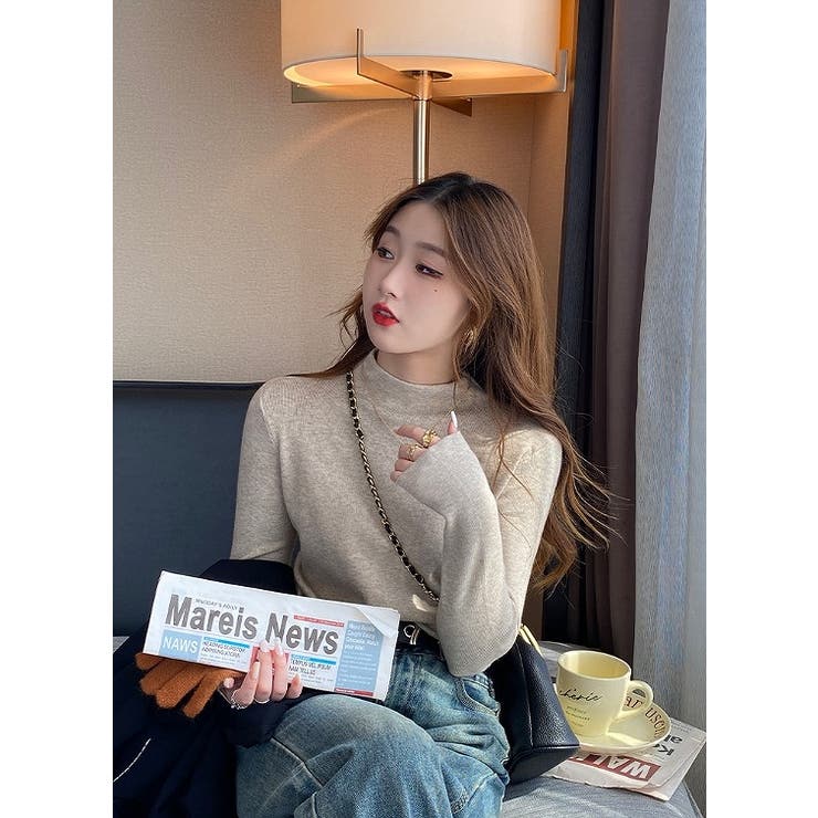 ベージュ | ハーフネック無地長袖ニットトップス | Ulysses