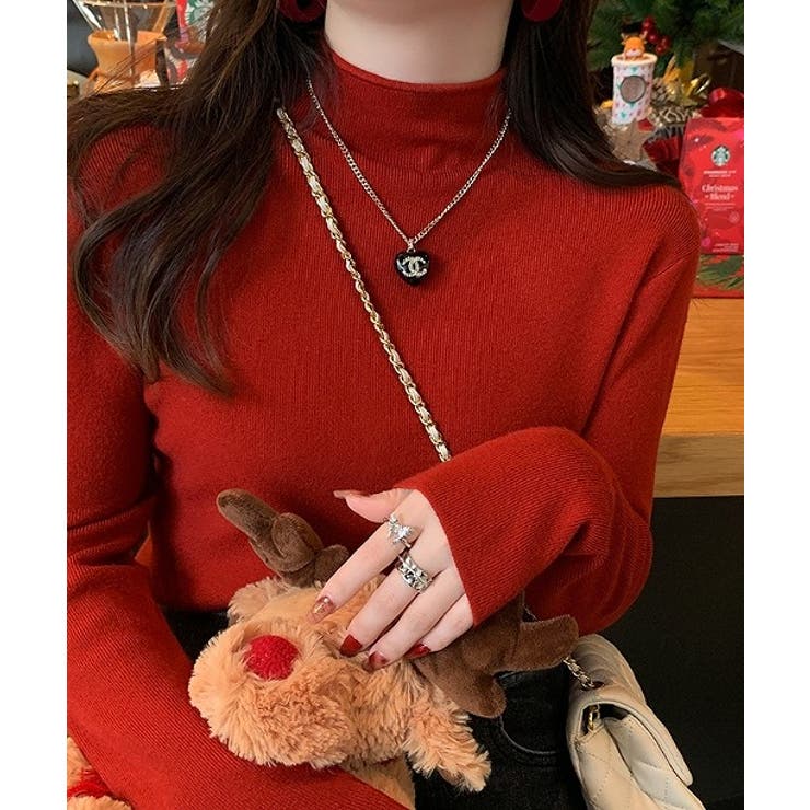 レッド | ハーフネック無地長袖ニットトップス | Ulysses