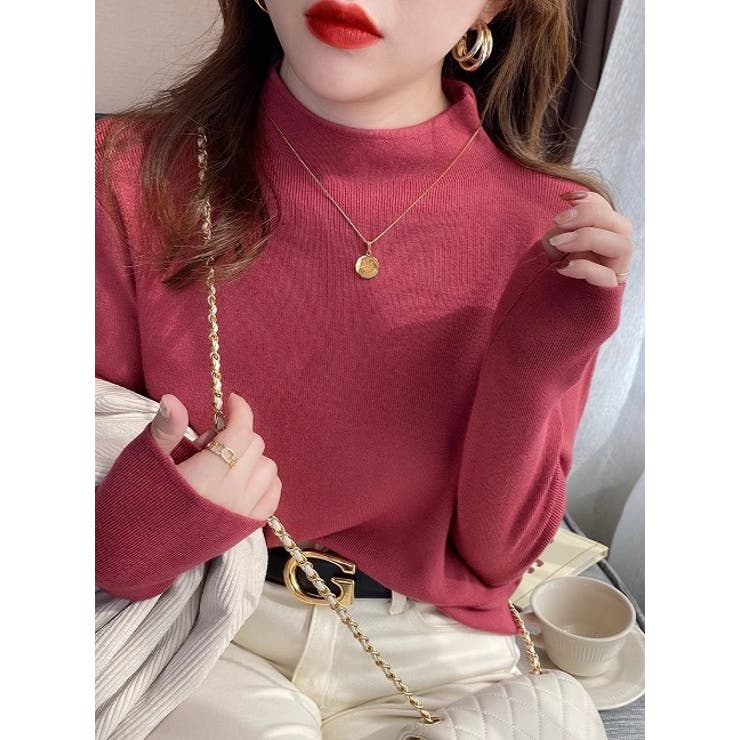 ダークピンク | ハーフネック無地長袖ニットトップス | Ulysses