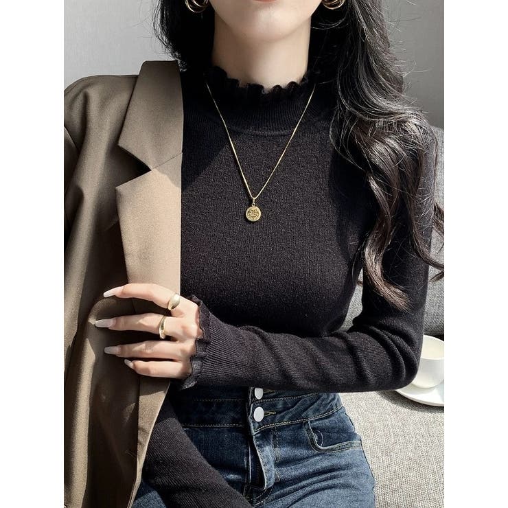 ブラック | ハイネックチュール付き無地ニットトップス | Ulysses