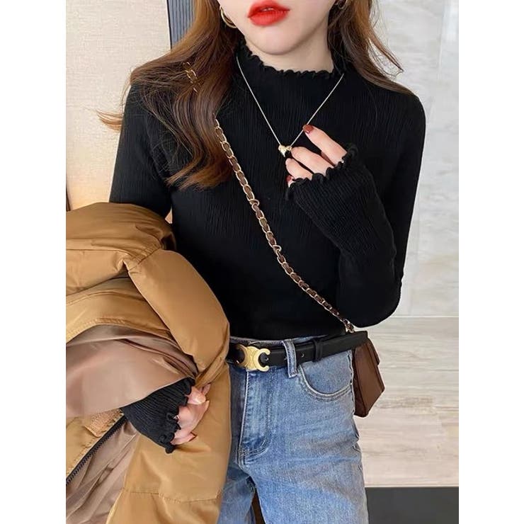 ブラック | デザインハーフネック無地ニットトップス | Ulysses