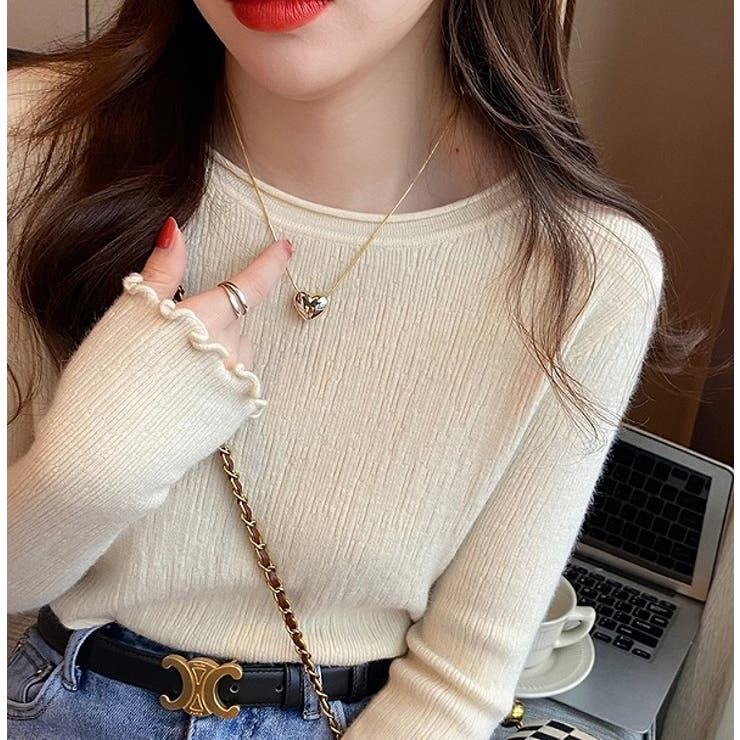 ベージュ | デザインクルーネック無地トップス | Ulysses