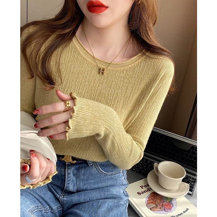 イエロー | デザインクルーネック無地トップス | Ulysses