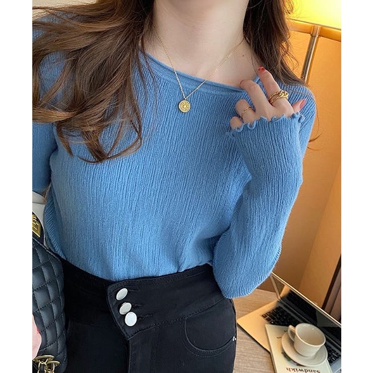 ブルー | デザインクルーネック無地トップス | Ulysses