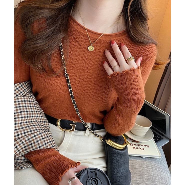 オレンジ | デザインクルーネック無地トップス | Ulysses