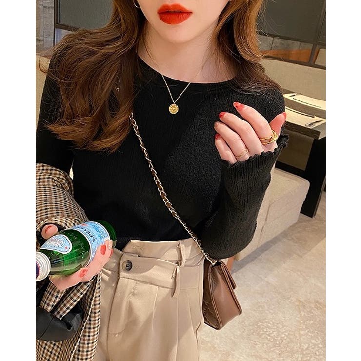 ブラック | デザインクルーネック無地トップス | Ulysses