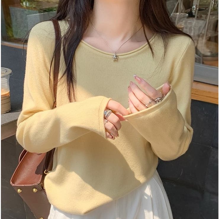 イエロー | クルーネック無地長袖ニットトップス | Ulysses