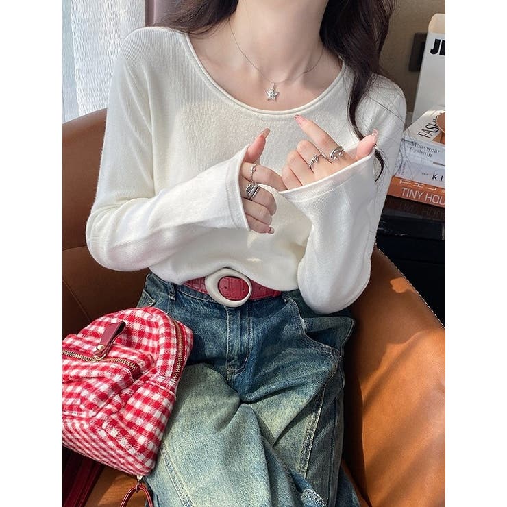 ホワイト | クルーネック無地長袖ニットトップス | Ulysses