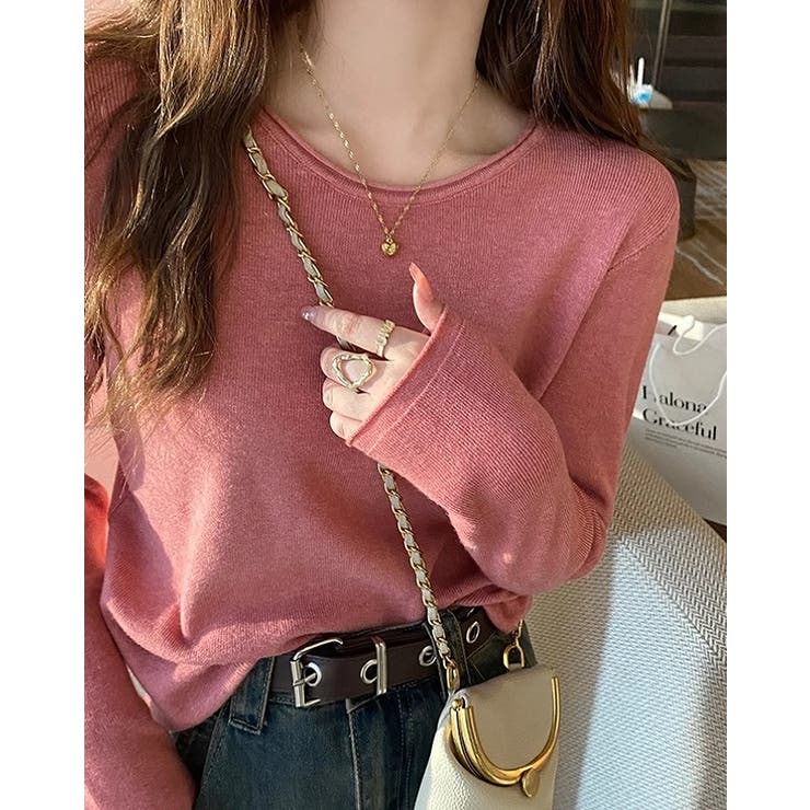 ダークピンク | クルーネック無地長袖ニットトップス | Ulysses