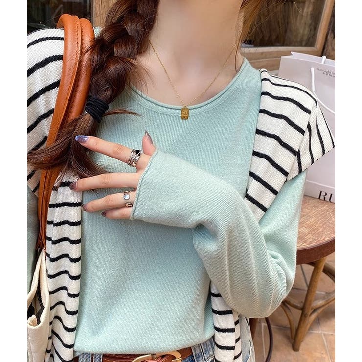 ブルー | クルーネック無地長袖ニットトップス | Ulysses