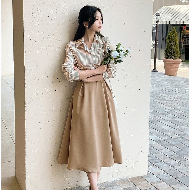 ベージュ | Vネック配色シャツワンピース | Ulysses