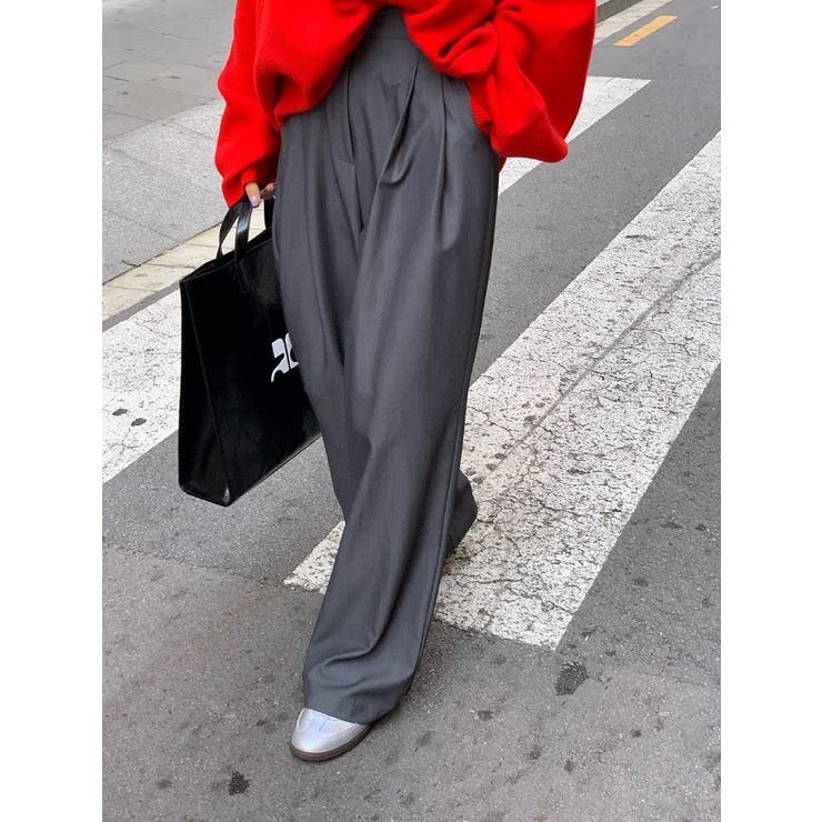 グレー | ハイウエストポケット付き無地ワイドスラックス | Ulysses