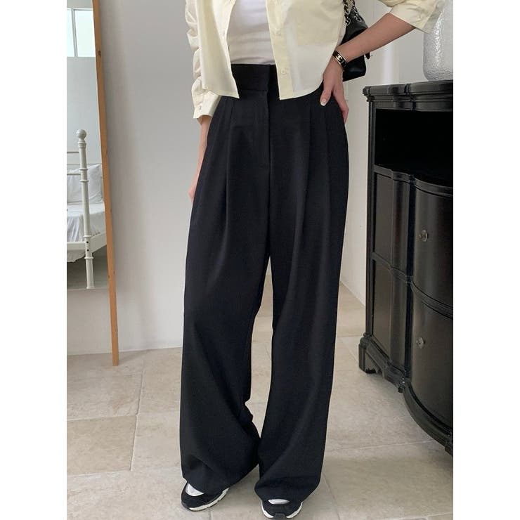 ブラック | ハイウエストポケット付き無地ワイドスラックス | Ulysses