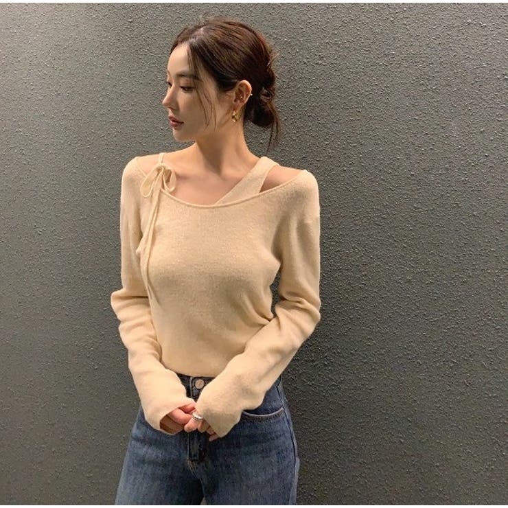 ベージュ | レイヤード風リボン無地ニットトップス | Ulysses