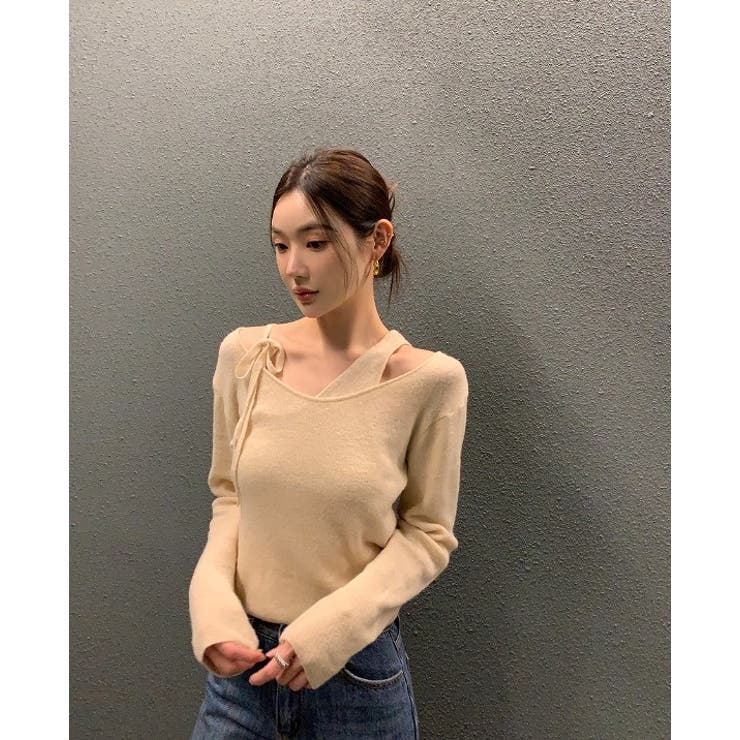 レイヤード風リボン無地ニットトップス | Ulysses | 詳細画像1 