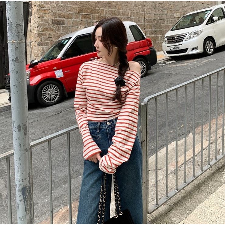 レッド | ボートネックオフショルボーダー配色トップス | Ulysses