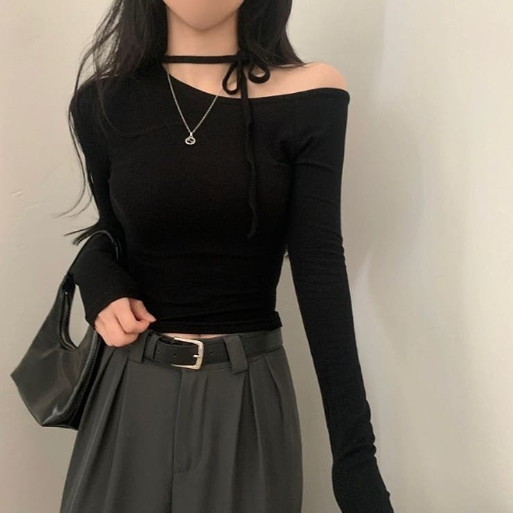 ブラック | ボートネックオフショルリボン無地トップス | Ulysses