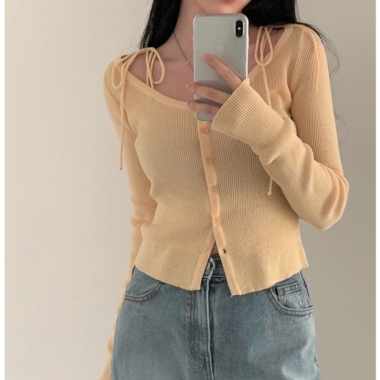 イエロー | クルーネックリボンタイシングルブレスト無地ニットトップス | Ulysses