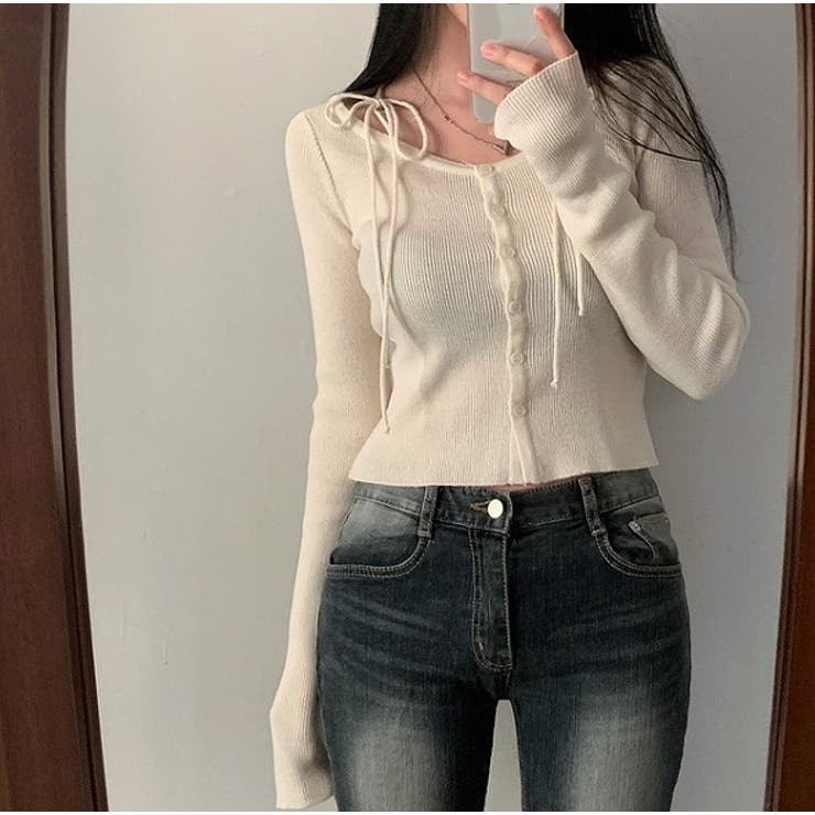 クルーネックリボンタイシングルブレスト無地ニットトップス | Ulysses | 詳細画像7 