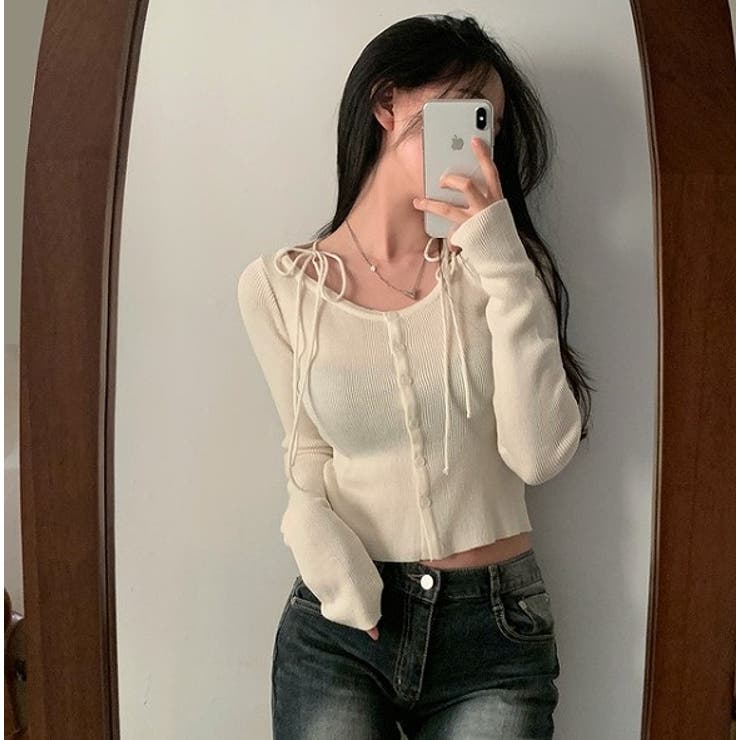 オフホワイト | クルーネックリボンタイシングルブレスト無地ニットトップス | Ulysses