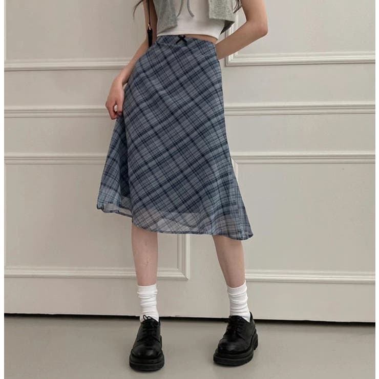 グレー | ハイウエストリボンタイチェック柄チュールスカート | Ulysses