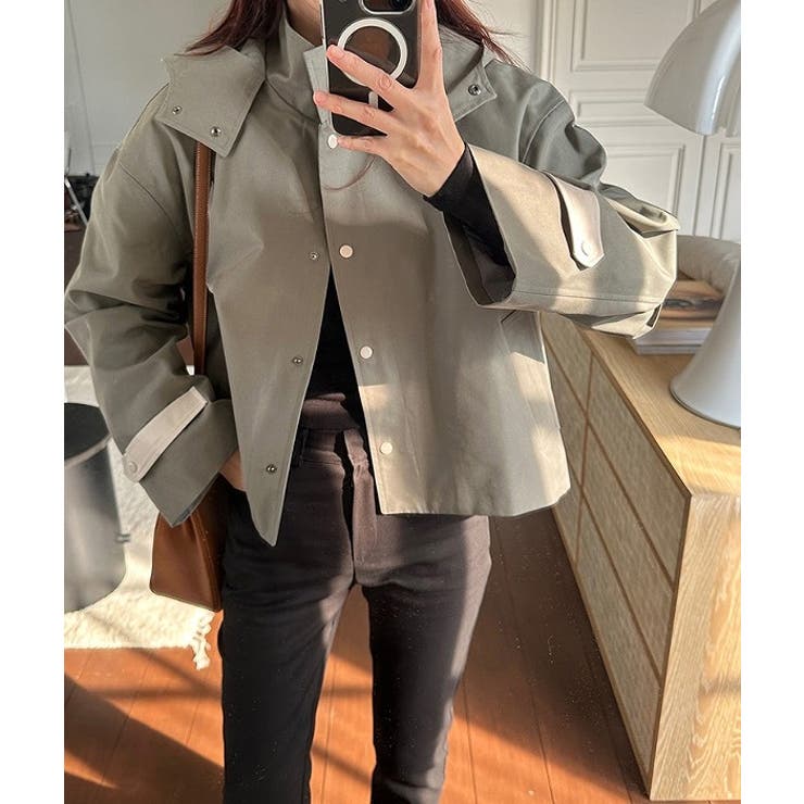 カーキ | フード付きシングルブレスト無地ショットコート | Ulysses