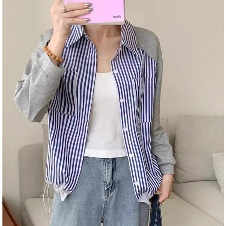 襟付きシングルブレストポケット付き配色ストライプシャツ | Ulysses | 詳細画像2 