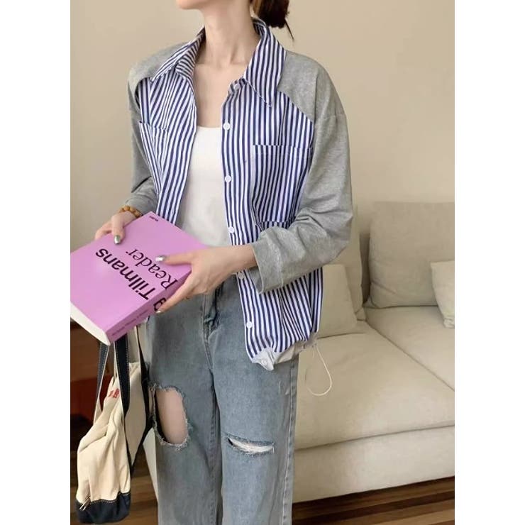 襟付きシングルブレストポケット付き配色ストライプシャツ | Ulysses | 詳細画像3 