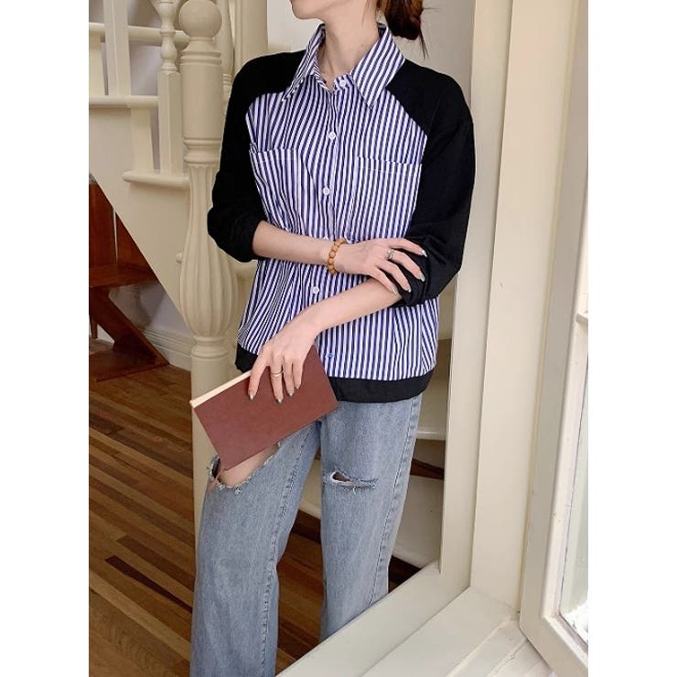 襟付きシングルブレストポケット付き配色ストライプシャツ | Ulysses | 詳細画像5 