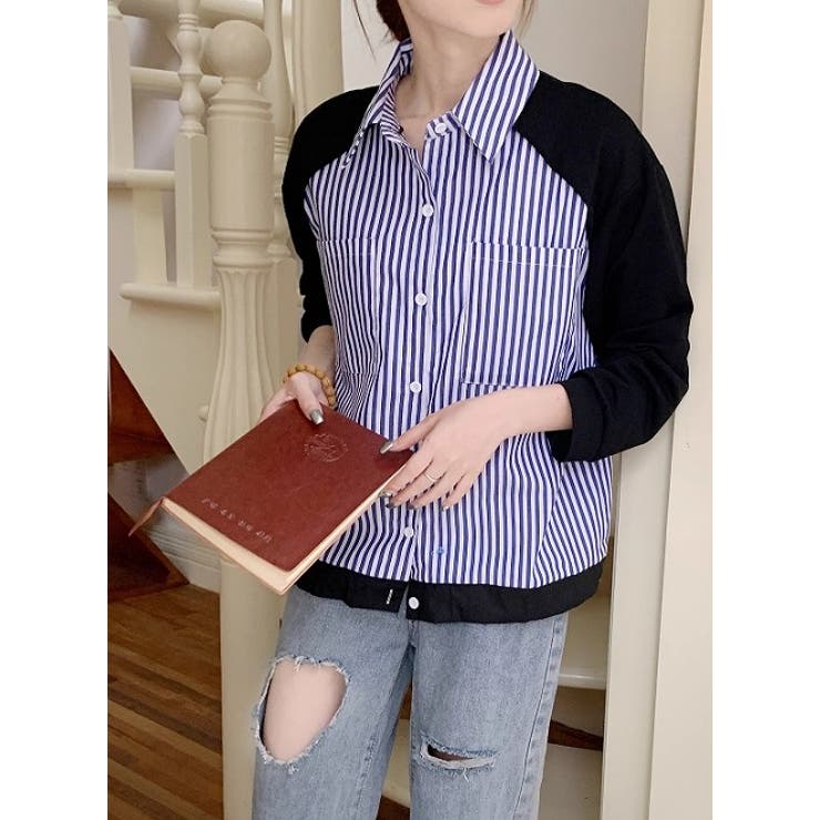 襟付きシングルブレストポケット付き配色ストライプシャツ | Ulysses | 詳細画像7 