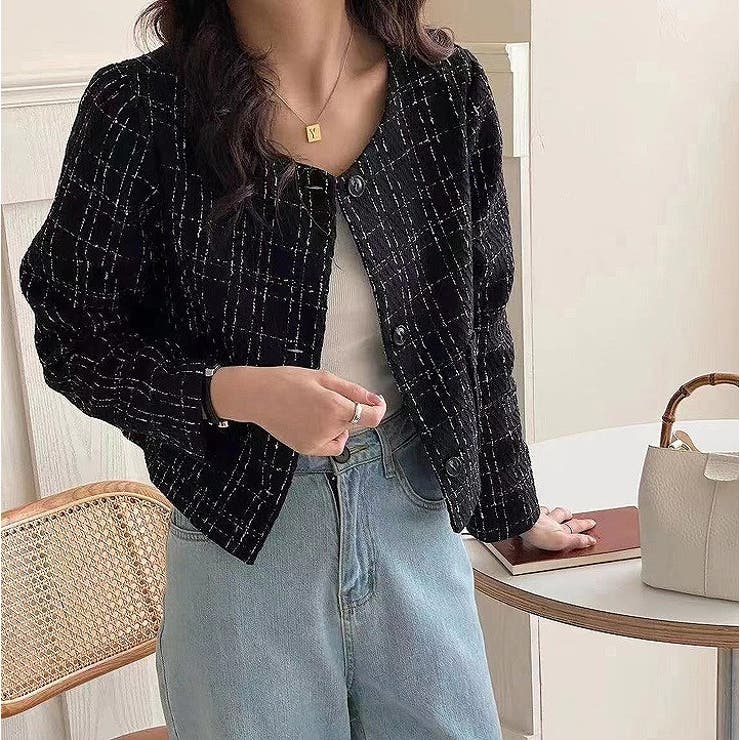 ブラック | クルーネックシングルブレストチェック柄ジャケット | Ulysses