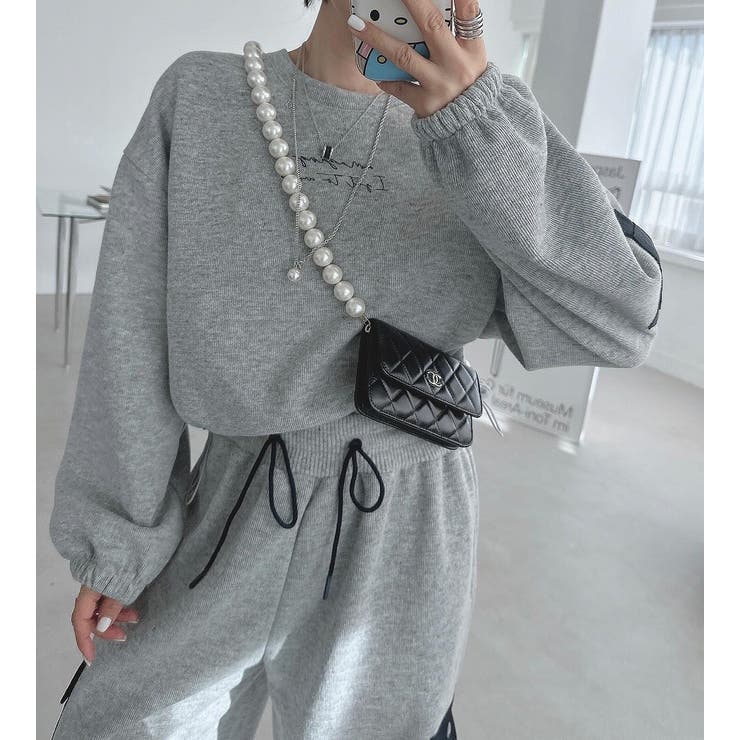 グレー | 大人カジュアルクルーネックプリントトレーナーひもがあるパンツ2点セットアップ | Ulysses