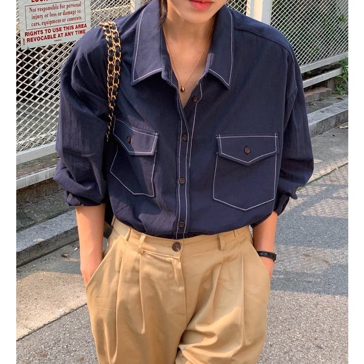 ネイビー | Vネック襟付きポケット付きシングルブレスト無地シャツ | Ulysses