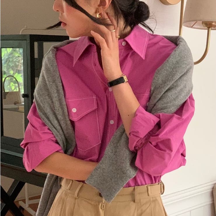 ダークピンク | Vネック襟付きポケット付きシングルブレスト無地シャツ | Ulysses