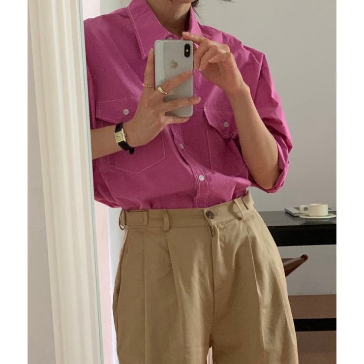 Vネック襟付きポケット付きシングルブレスト無地シャツ | Ulysses | 詳細画像3 