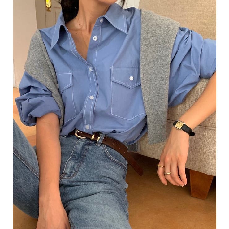 ブルー | Vネック襟付きポケット付きシングルブレスト無地シャツ | Ulysses