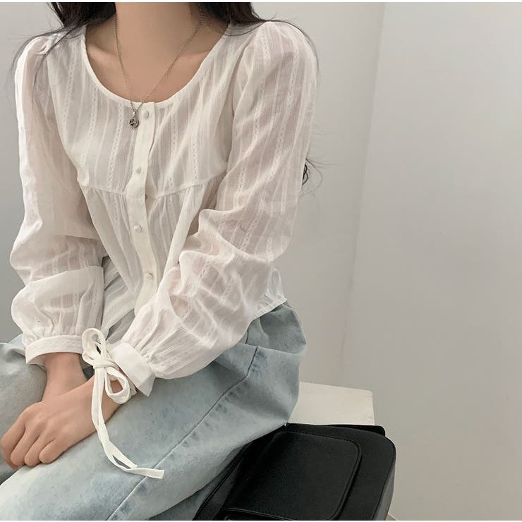 クルーネックリボンシングルブレスト無地トップス | Ulysses | 詳細画像1 