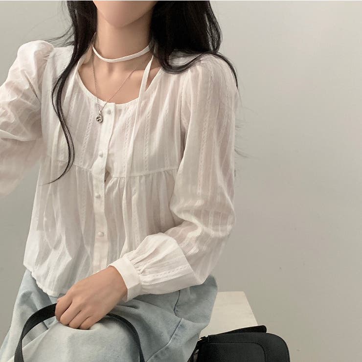 クルーネックリボンシングルブレスト無地トップス | Ulysses | 詳細画像3 