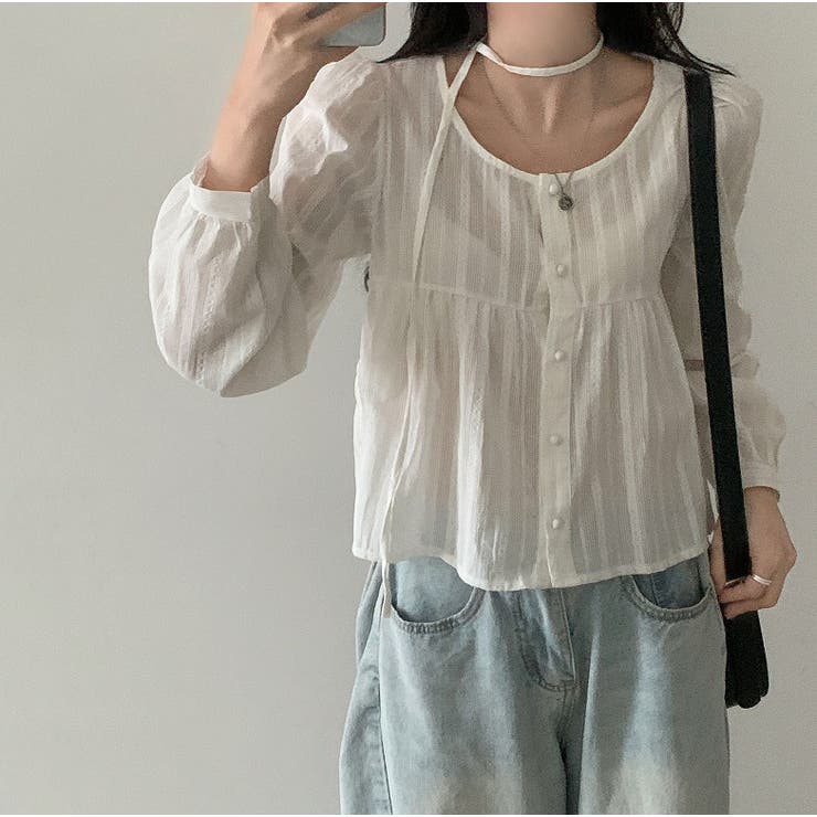 クルーネックリボンシングルブレスト無地トップス | Ulysses | 詳細画像4 