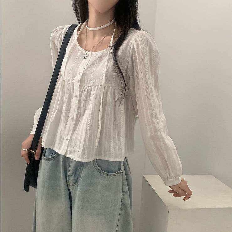 ホワイト | クルーネックリボンシングルブレスト無地トップス | Ulysses