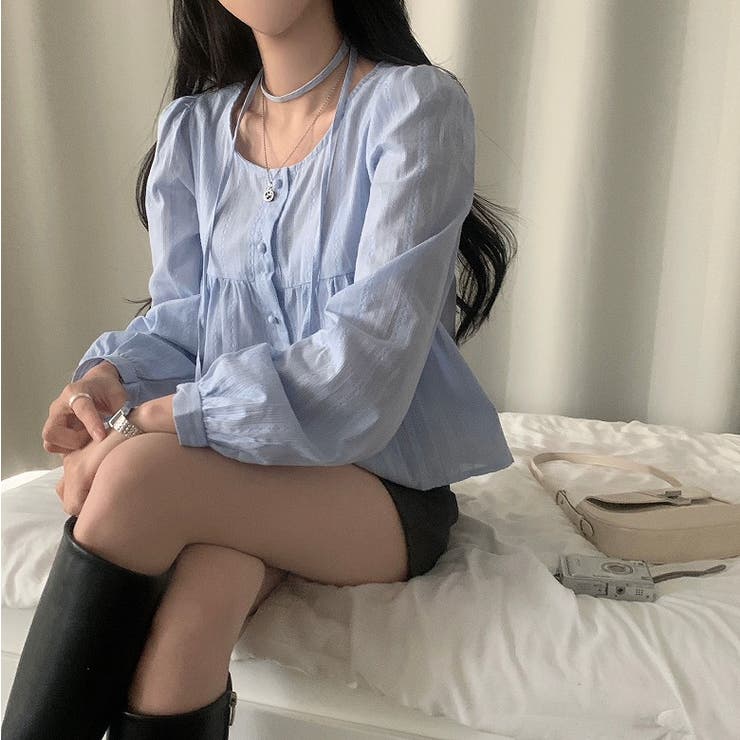 クルーネックリボンシングルブレスト無地トップス | Ulysses | 詳細画像5 