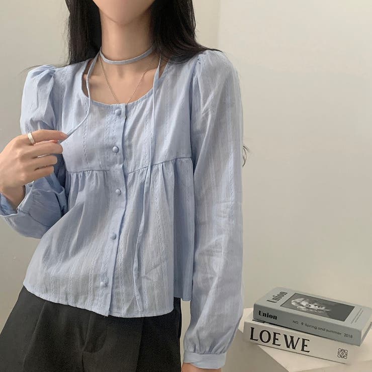 ブルー | クルーネックリボンシングルブレスト無地トップス | Ulysses