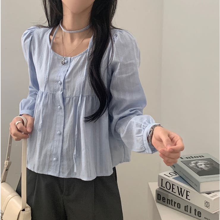 クルーネックリボンシングルブレスト無地トップス | Ulysses | 詳細画像6 