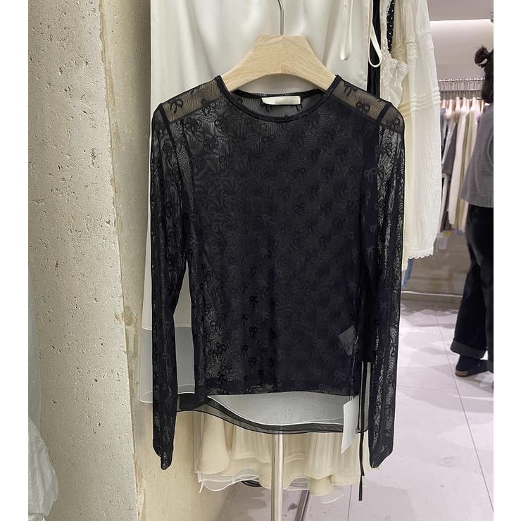 ブラック | クルーネックリボンタイプリント無地チュールトップス | Ulysses