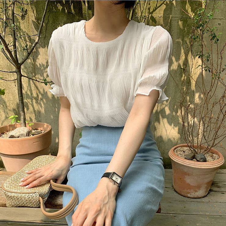 ホワイト | クルーネック半袖無地チュールトップス | Ulysses