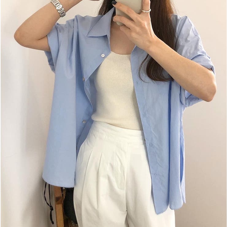 ブルー | 襟付き半袖シングルブレストドロップドショルダースリーブ無地シャツ | Ulysses