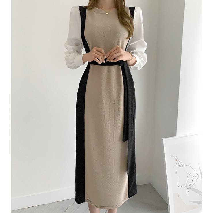 クルーネック長袖リボン付き配色ワンピース | Ulysses | 詳細画像1 