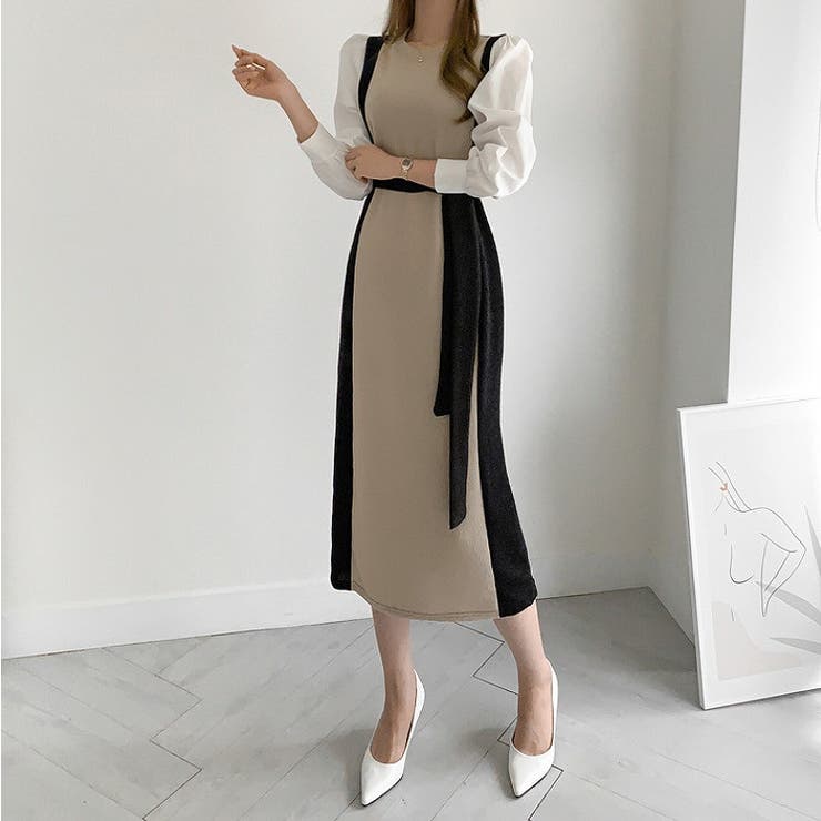 クルーネック長袖リボン付き配色ワンピース | Ulysses | 詳細画像2 